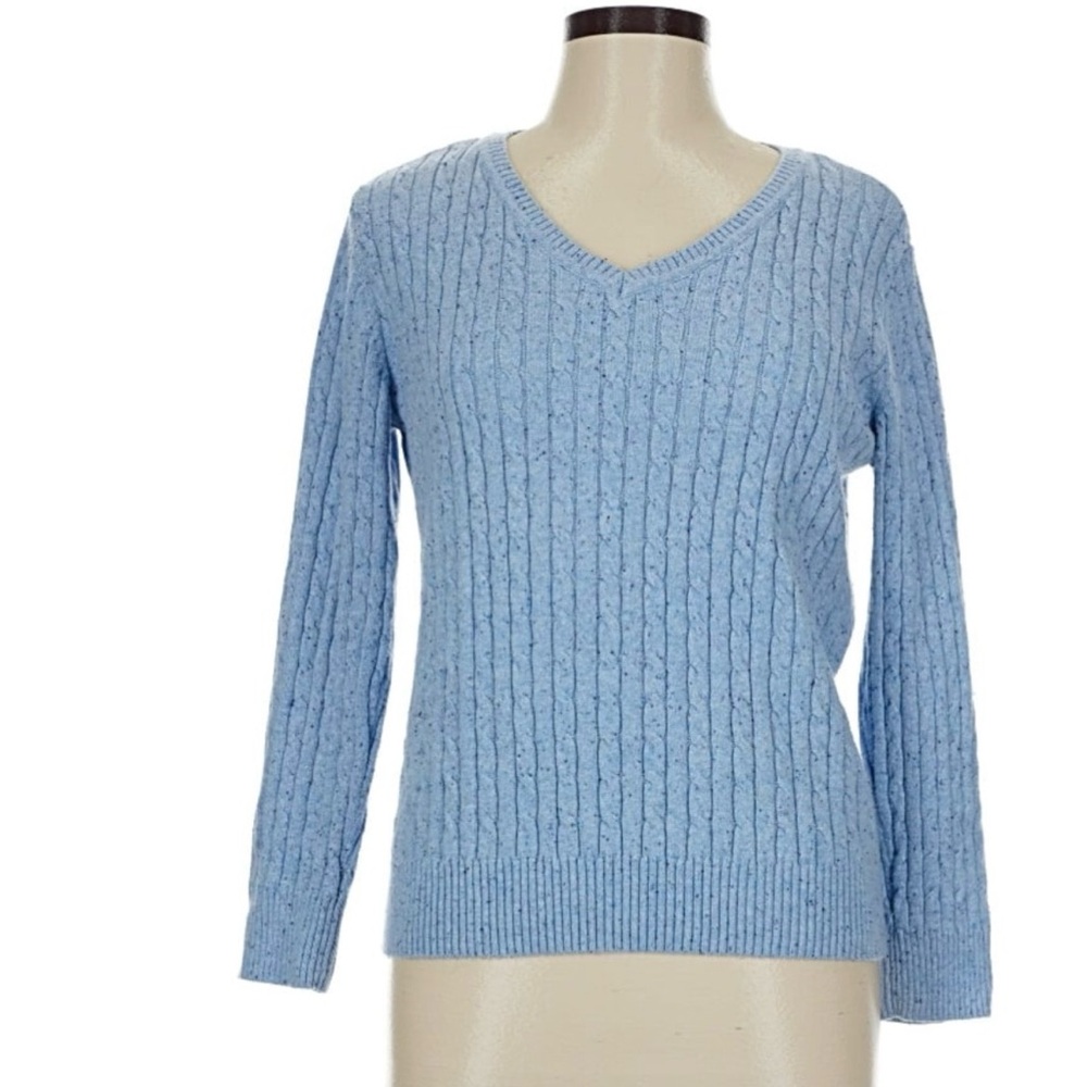 Karen Scott Sky Blue V-Neck Cable Knit Sweater